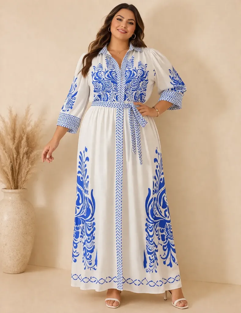 [Plus con cinturon y estampado] Plus 6078X (Blanco, XL)